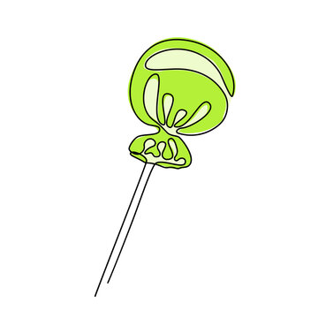 Continuous line drawing. Sweet candy. Lollipop. Black isolated on white background. Hand drawn color vector illustration.