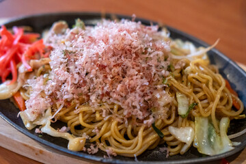 Yakisoba with dried bonito flakes, a Japanese noodle stir-fried dish