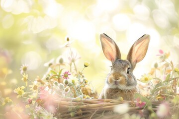 Adorable bunny in vibrant wildflower meadow with sunlit background