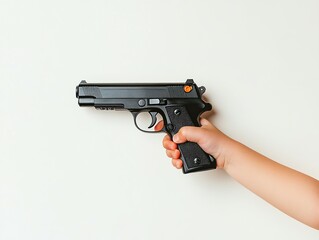 Child holds toy firearm against a plain background, raising safety concerns and discussions on gun violence.