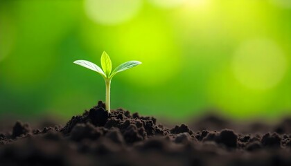 A close-up shot captures a young plant emerging from a mound of dark soil, set against a blurred background of green and yellow hues