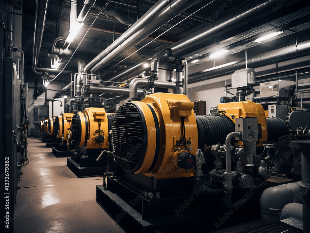 Poster industrial compressor room machines running pressure steady supporting continuous operation
