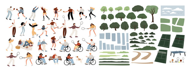 Collection of park activities and landscape elements. People playing badminton, tennis, table tennis, and other outdoor sports. Trees, paths, courts for scene creation. Flat vector illustration.