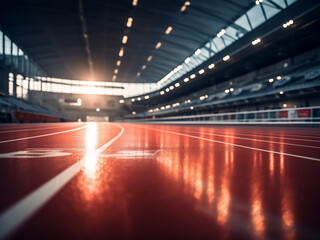 Indoor track with lane lines marked, running surface prepared, and lights switched on