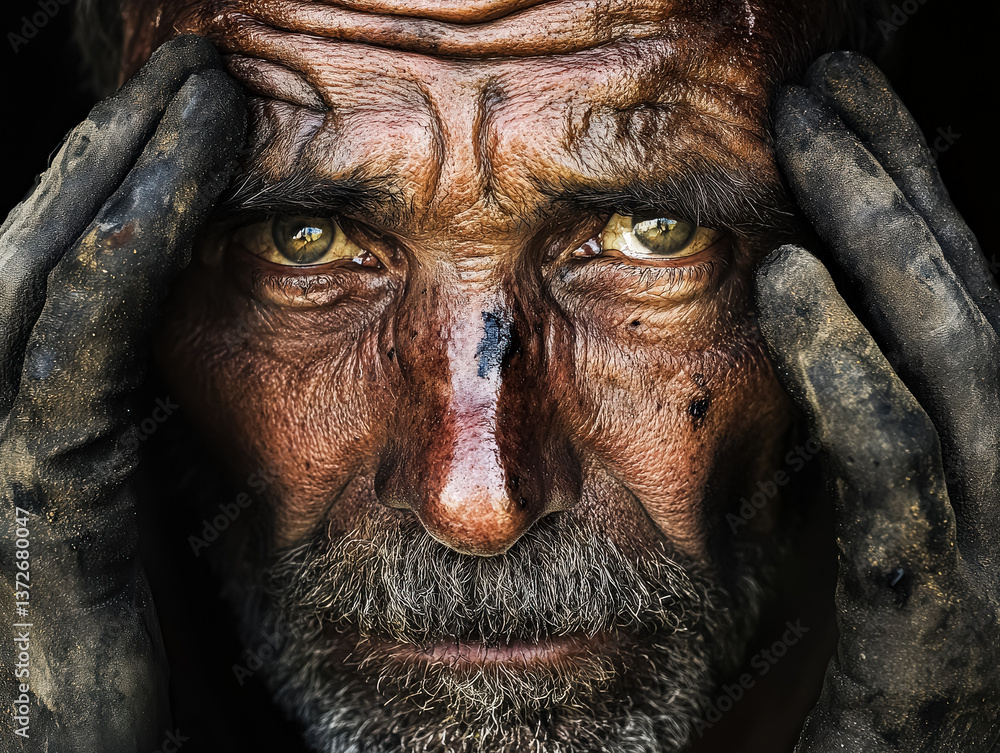 Aufkleber man with a dirty face and a black glove on his left hand. he is looking at the camera with a serious