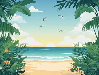 Serene tropical beach scene with soft golden sand and gentle waves lapping at the shore under a clear blue sky