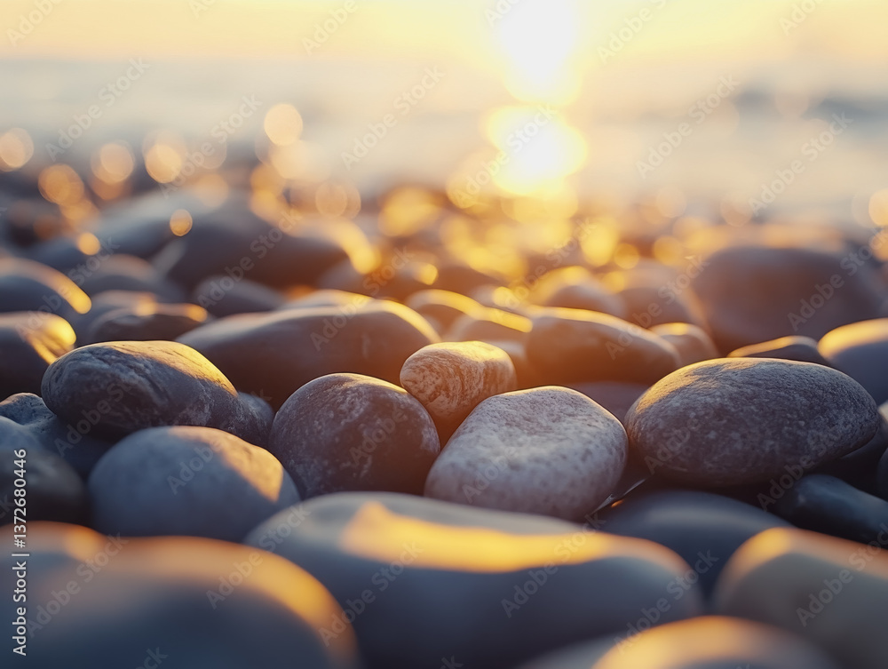 Aufkleber rocks on the beach at sunset with soft focus pebble texture creating a calming background for illust