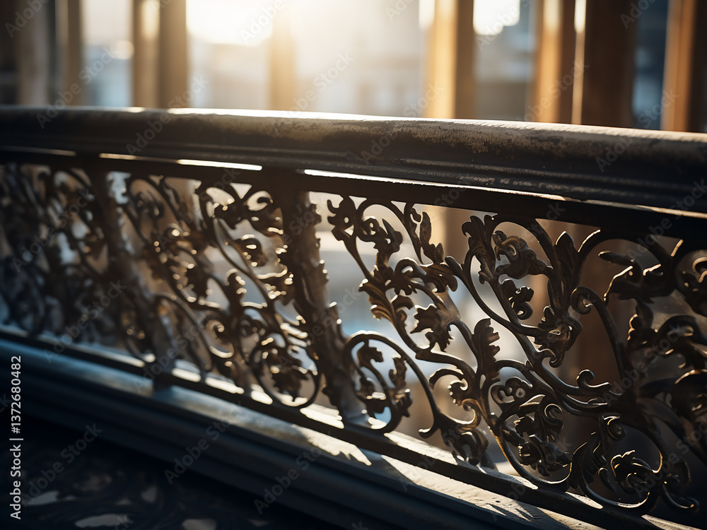 Poster iron balcony curved scrollwork forming delicate view offering wide space extending