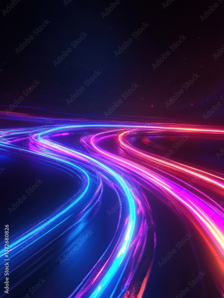 Poster Dynamic futuristic backdrop with glowing neon lines curving through a dark abstract space at night