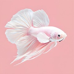 Obraz premium Dreamy pale pink and white betta fish gracefully floating in soft pastel tones against a matching pink background, creating a serene aquatic scene of beauty