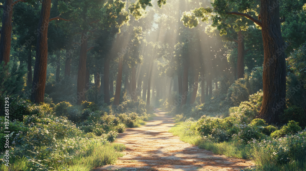 Poster serene sunlit pathway winding through a lush green forest with dappled light creating an inviting na