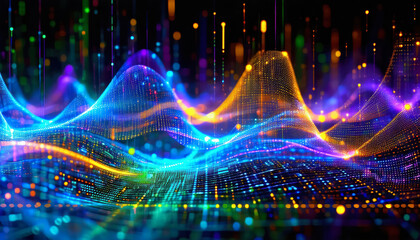 abstract technology background with glowing particles, computer digital illustration screensaver