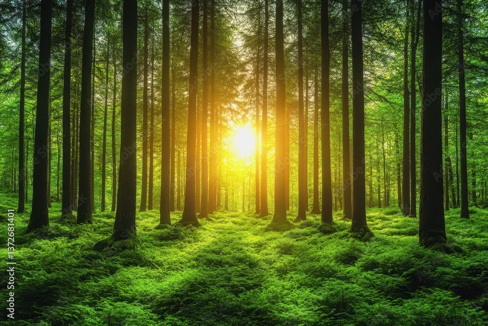 Aufkleber enchanting forest scene with sunlight filtering through trees during a beautiful sunrise creating a 