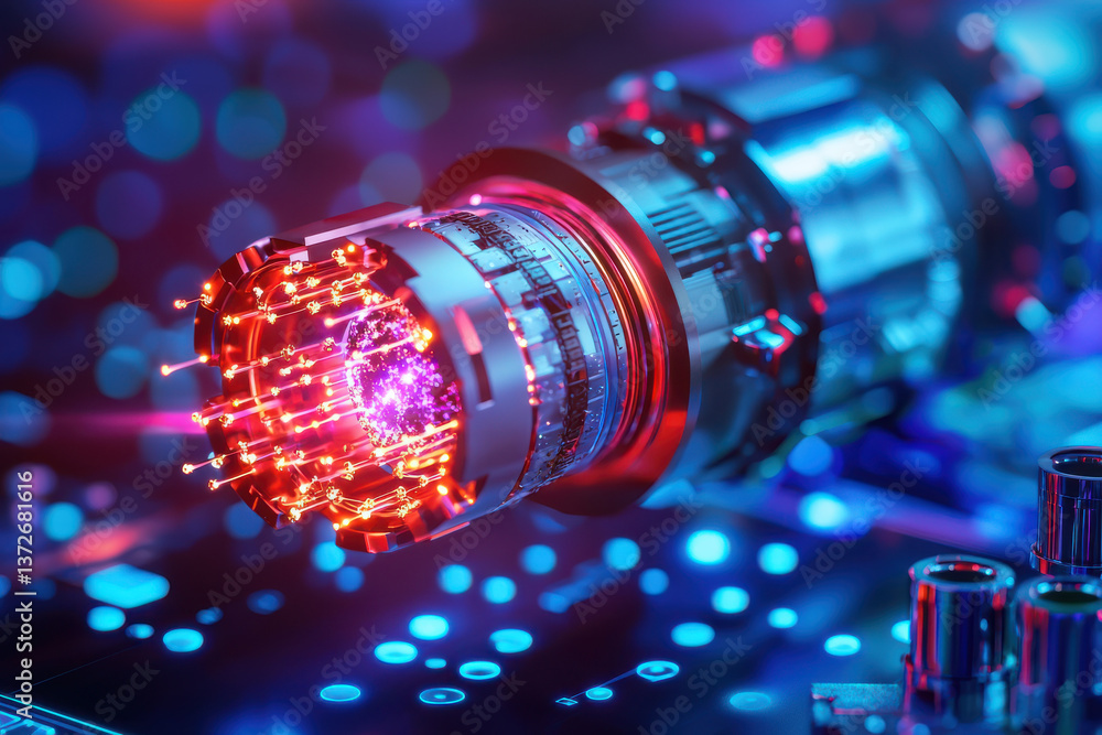 Poster futuristic device with glowing elements and intricate details, showcasing advanced technology
