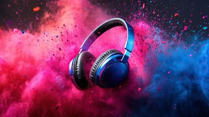 Headphone and vivid color powder. Creative music and festival concept