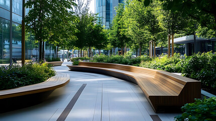Contemporary outdoor space with wooden benches surrounded by greenery and modern architecture in bright daylight