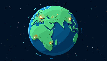 Naklejka premium Colorful illustration of Earth with glowing locations in a stylized space setting 