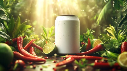 White beverage can with limes and peppers in a jungle