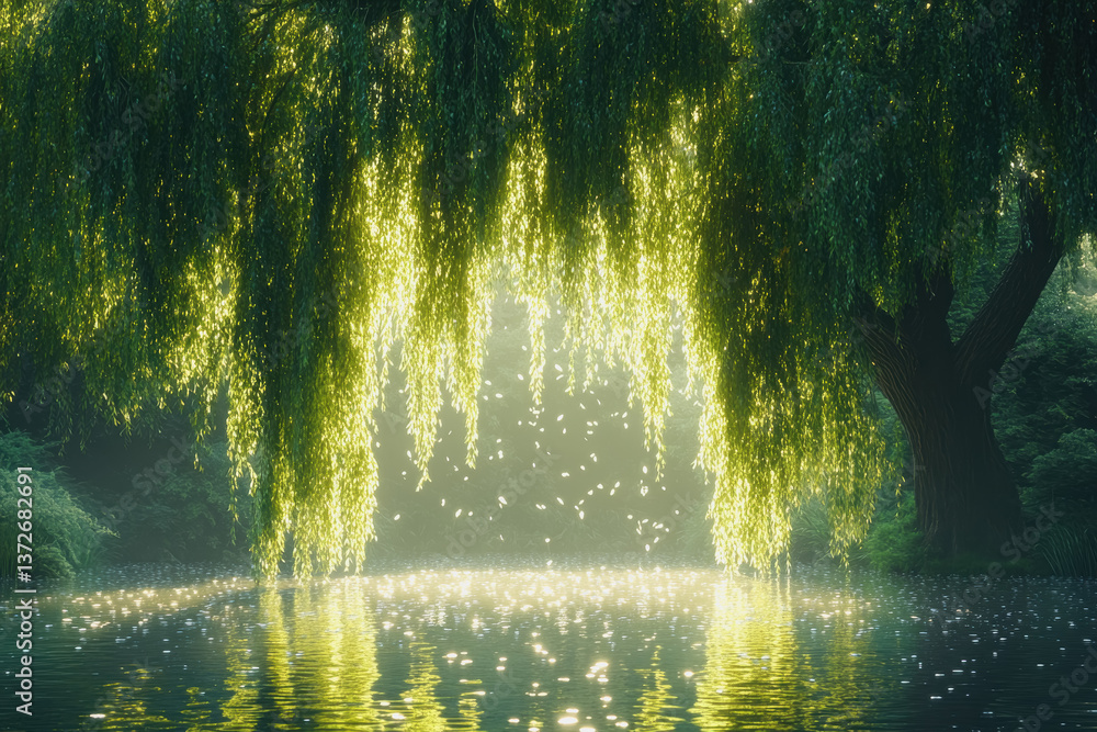 Poster serene tree standing majestically in the middle of a calm lake surrounded by whispering willow trees