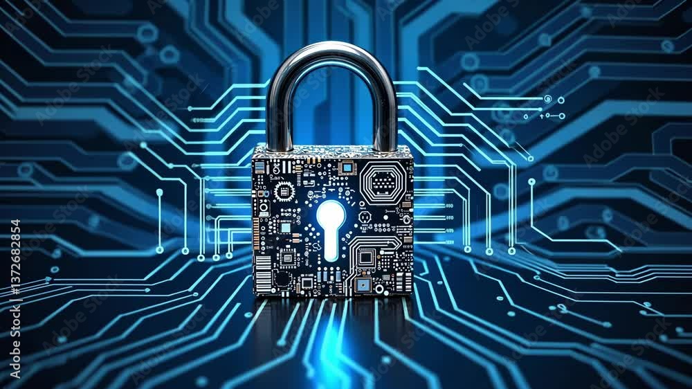 Poster digital lock on circuit board with blue glow, symbolizing cybersecurity and data protection