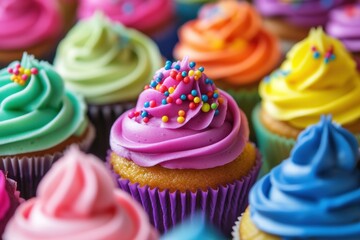 Colorful cupcakes with neon icing and rainbow sprinkles create a vibrant bakery display perfect for any festive occasion