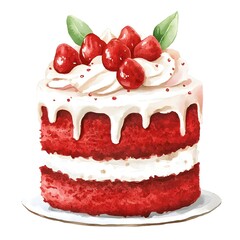 Delicious red velvet cake topped with cream and cherries. Cake watercolor clipart.