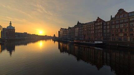 Obraz premium Canal cityscape at sunrise. Calm water reflects the golden light of dawn on historic buildings lining a canal