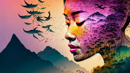 Chinese woman's profile intertwined with vibrant nature in a double exposure art piece showcasing the beauty of China's landscapes - Powered by Adobe
