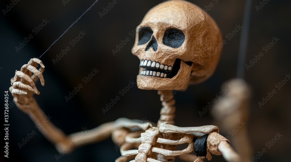 Aufkleber skeleton is holding a string and smiling. scene is lighthearted and playful