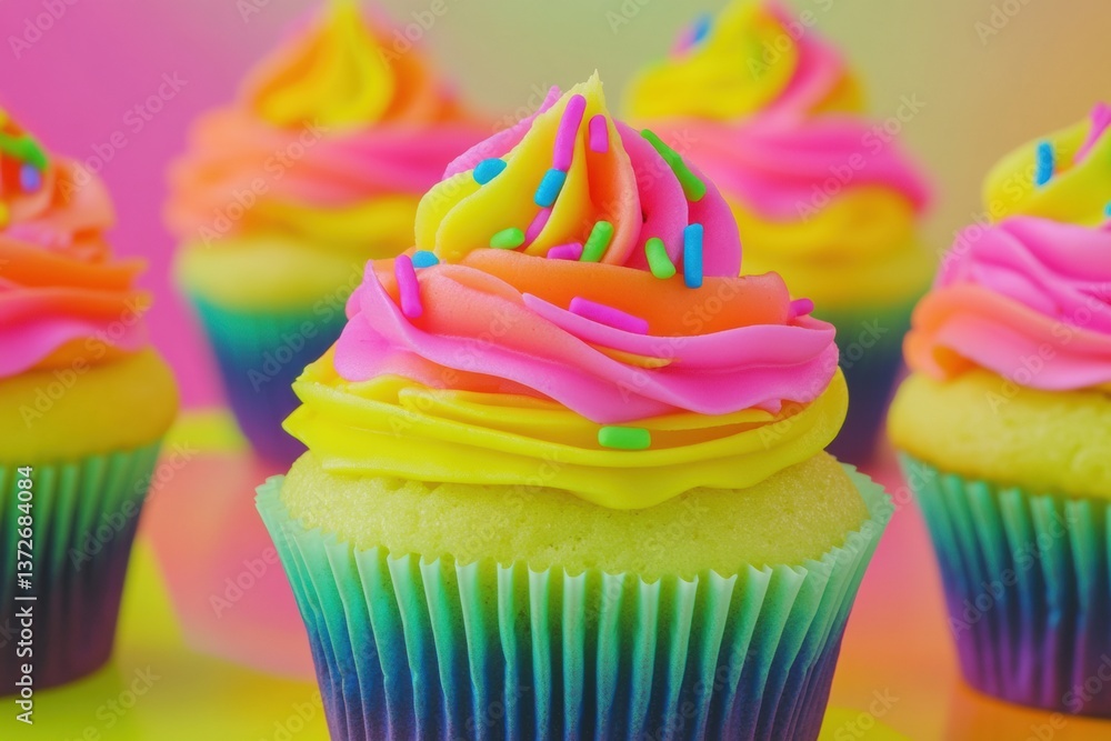 Poster deliciously colorful cupcakes with neon icing and rainbow sprinkles on display in a bright bakery se