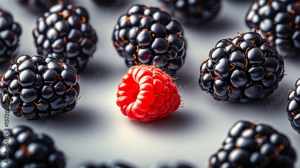 Poster single red raspberry is surrounded by many black berries. the red raspberry stands out as the only b