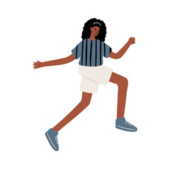 illustration of a black young girl jumping happily. A girl in a shirt and shorts runs energetically. Active and joyful outdoor scene. Flat vector illustration.