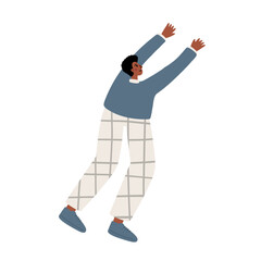 illustration of a black men stretching. A person in a blue sweater and checkered pants raises their arms. Relaxing and warming up in an outdoor setting. Flat vector illustration.