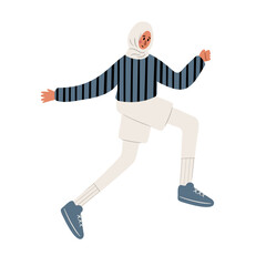 Illustration of a woman in a hijab running. She wears a blue striped sweater, a white skirt, and blue sneakers. Her arms and legs suggest fast movement. Flat vector illustration.