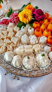 Colorful array of traditional sweets displayed on an elegant platter at a festive occasion