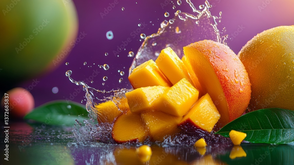 Poster slice of mango is surrounded by water droplets, creating a refreshing and vibrant atmosphere. concep