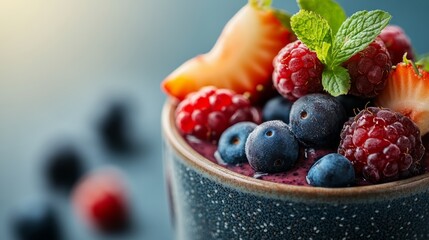 Bowl of mixed berries and strawberries with a green leaf on top. The bowl is filled with blueberries, strawberries, and raspberries