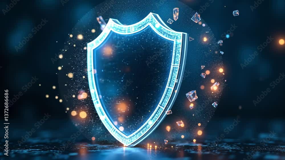Poster shining digital shield with glowing edges surrounded by floating shards in a dark background