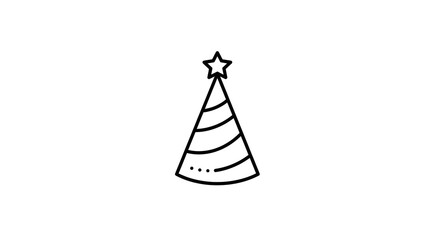 Simple line art illustration of a party hat with stripes and a star, symbolizing celebration and festivity.