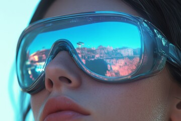 Futuristic reflections in blue-tinted goggles