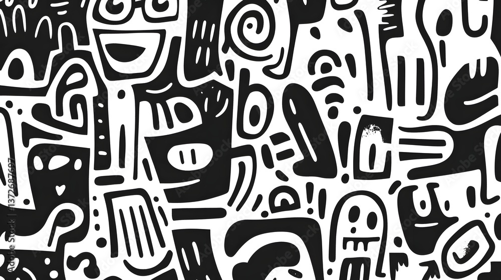 Poster intricate black and white doodle pattern with playful abstract characters