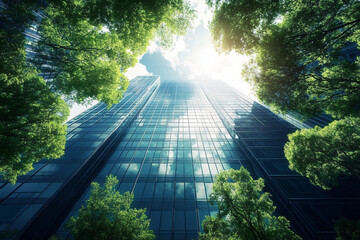 Modern architecture meets nature's embrace. Skyscrapers rise above lush green foliage, reflected clouds in windows. Perfect for sustainability campaigns, urban development visuals.