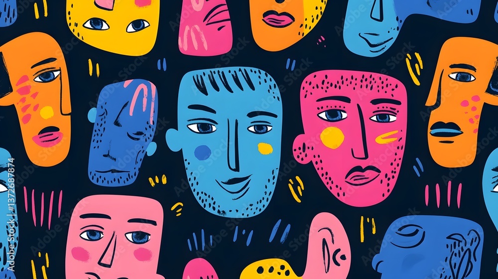 Poster seamless cartoonish pattern with abstract faces and expressive elements