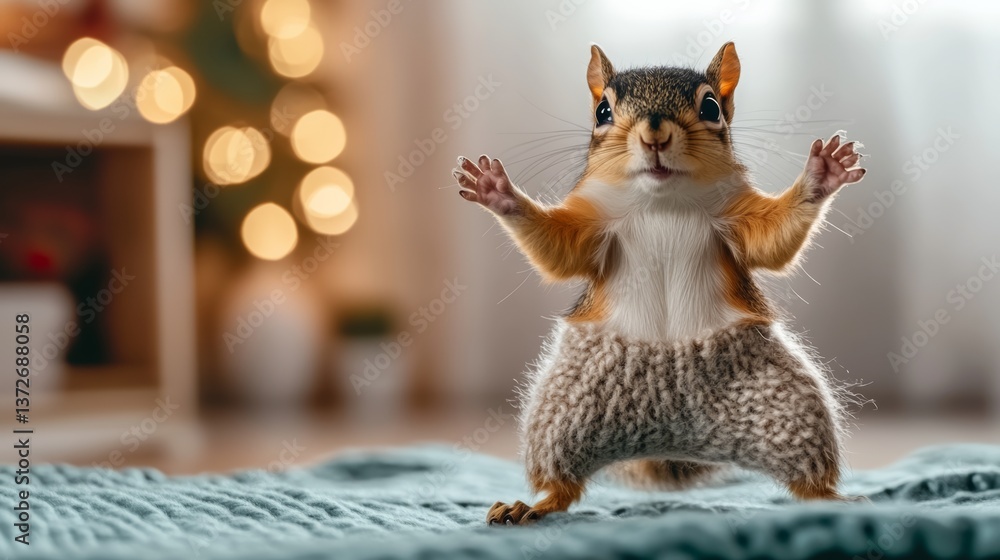 Poster small squirrel is standing on a bed with its paws raised in the air. the image has a playful and lig