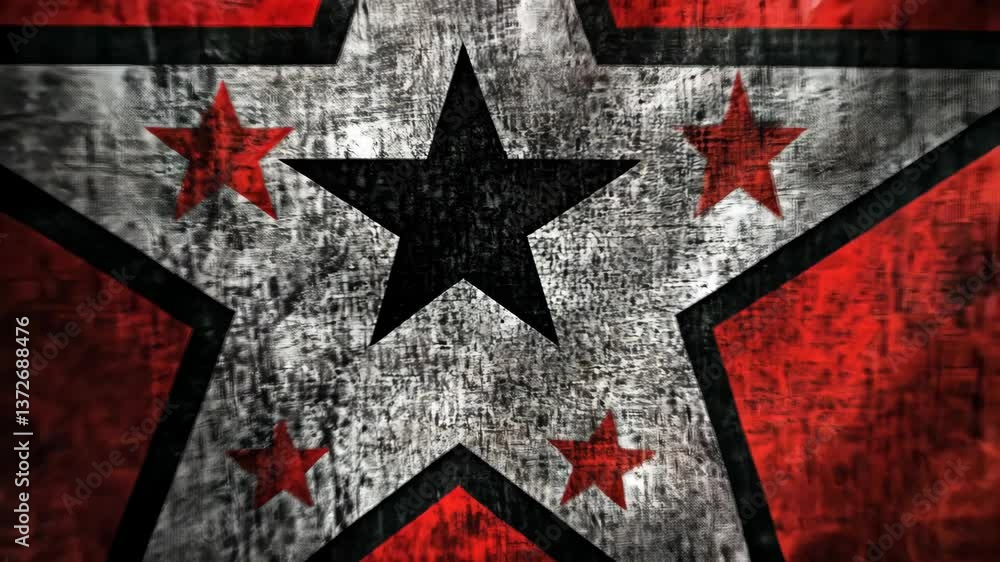 Poster red and black star emblem with distressed texture on a textured background featuring white and red d