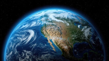 Obraz premium Planet Earth viewed from space showcasing vibrant landscapes, swirling clouds, and a vast expanse of oceans during daylight Generative AI