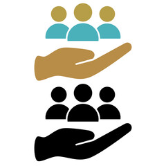 hand icon and group of people, simple flat style, pictogram logo sign symbol vector illustration, isolated on white for mobile app