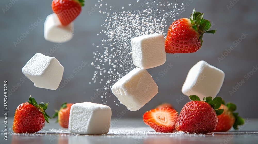 Poster close up of a strawberry and a white marshmallow. the marshmallow is falling on top of the strawberr
