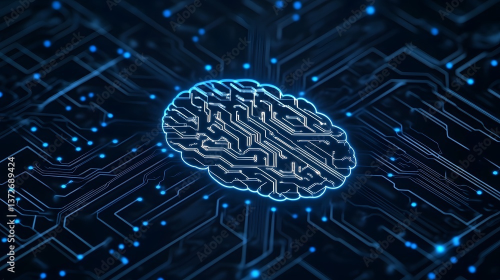 Poster high-tech digital brain with glowing at the center, interconnected with blue circuits and data strea