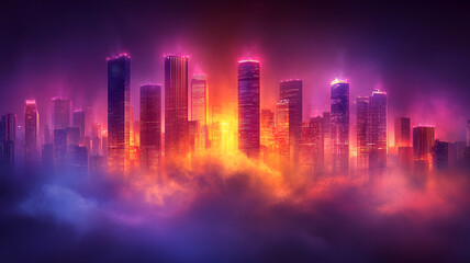 Fototapeta premium Futuristic neon cityscape glowing against deep blue sky, creating vibrant and captivating atmosphere